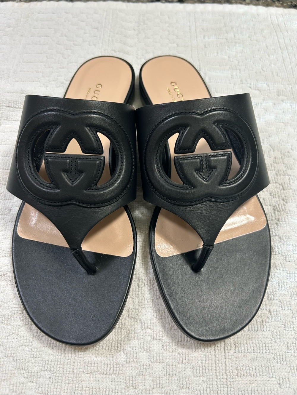 Gucci Black Leather GG Slide Sandals